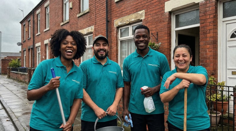 Professional cleaner smiling in a bright modern UK home